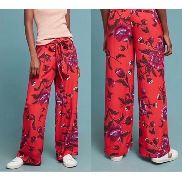 Ettitwa Anthropologie Margo Red Floral Wide leg Flowy Pants Trousers Size 8 - Picture 1 of 9